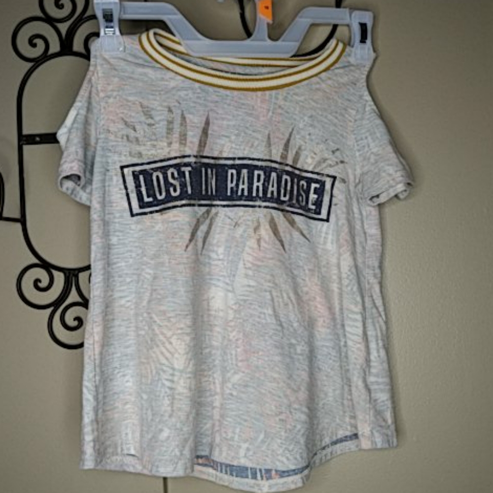 Art Class Cold Shoulder Metallic Graphic Short Sleeve A-Line Top Sz. 7/8
